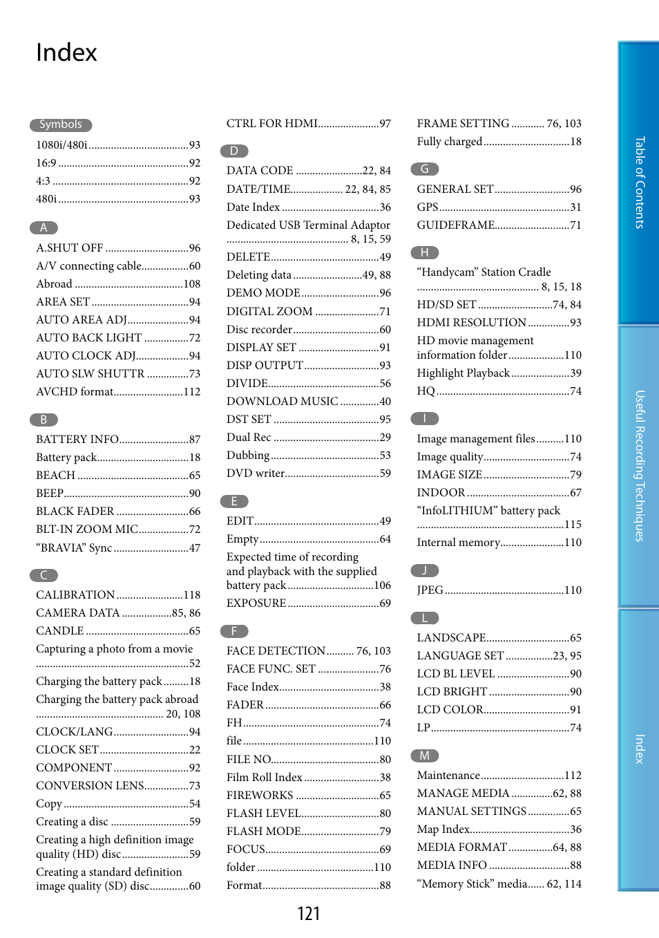 Index | Sony HDR-TG5 User Manual | Page 121 / 123