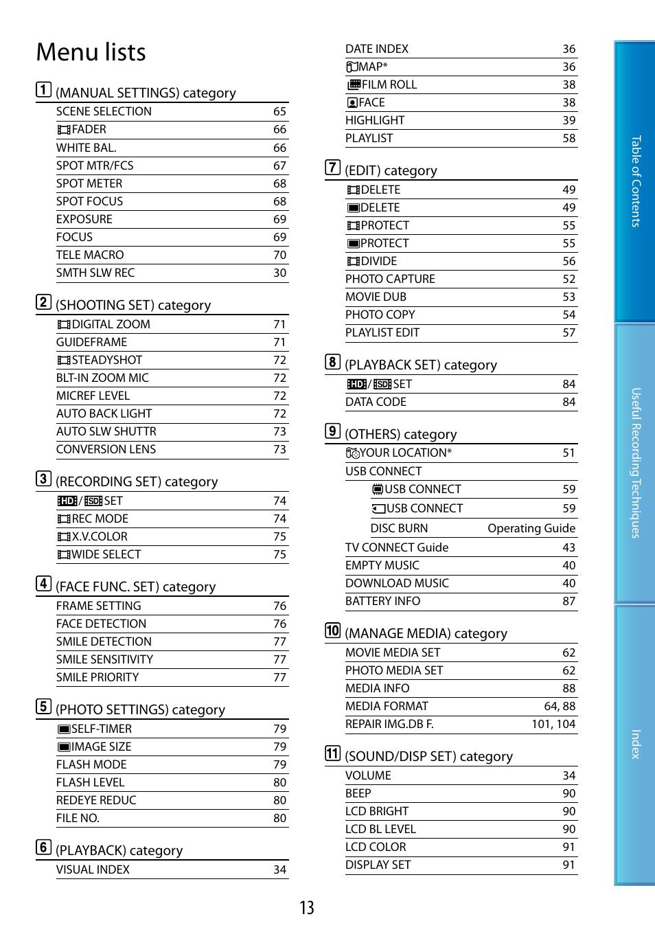 Menu lists | Sony HDR-TG5 User Manual | Page 13 / 123