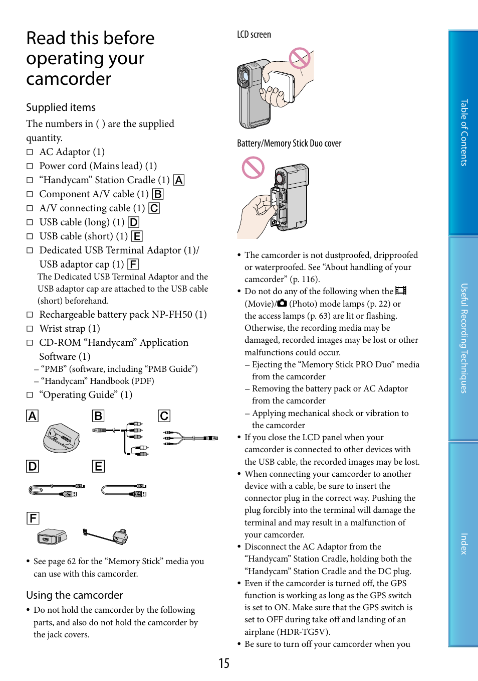 Read this before operating your camcorder, Supplied items, Using the camcorder | Sony HDR-TG5 User Manual | Page 15 / 123
