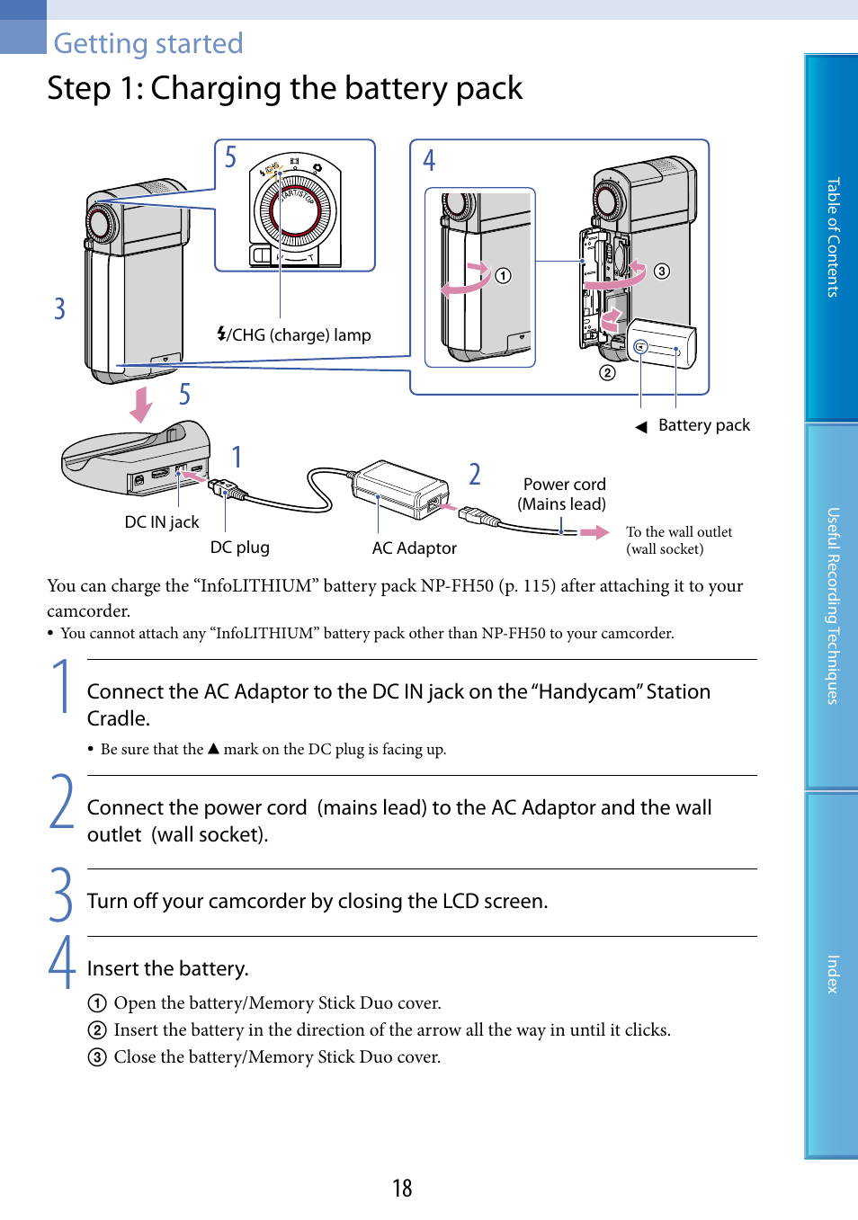 Getting started, Step 1: charging the battery pack, Dc in jack (18, 20) | Dc in jack (18) | Sony HDR-TG5 User Manual | Page 18 / 123