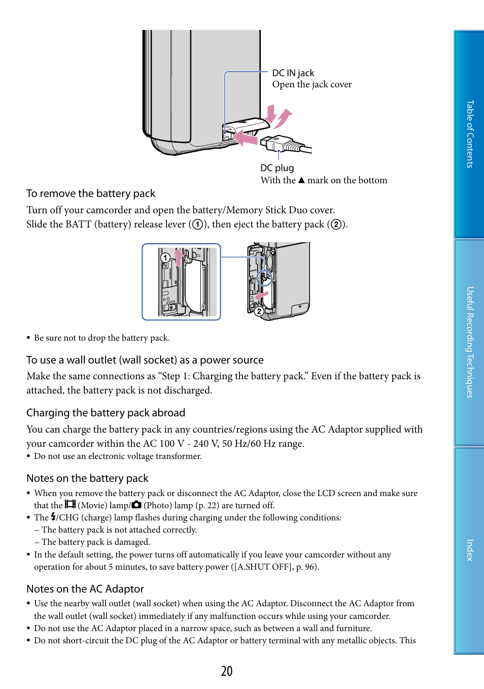 Charging the battery pack abroad | Sony HDR-TG5 User Manual | Page 20 / 123