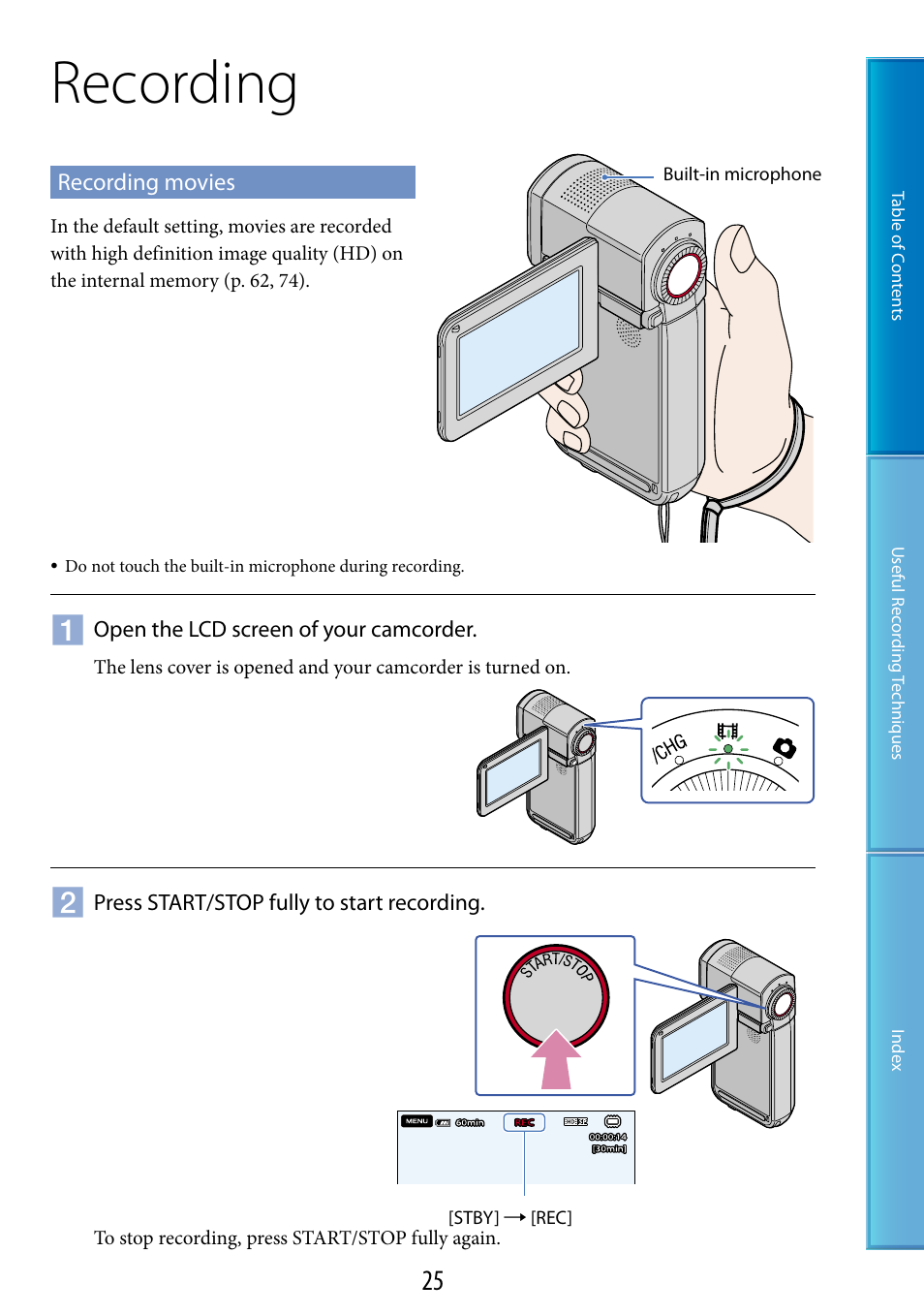 Recording, Recording movies, On (25) | S (25), E (25) | Sony HDR-TG5 User Manual | Page 25 / 123