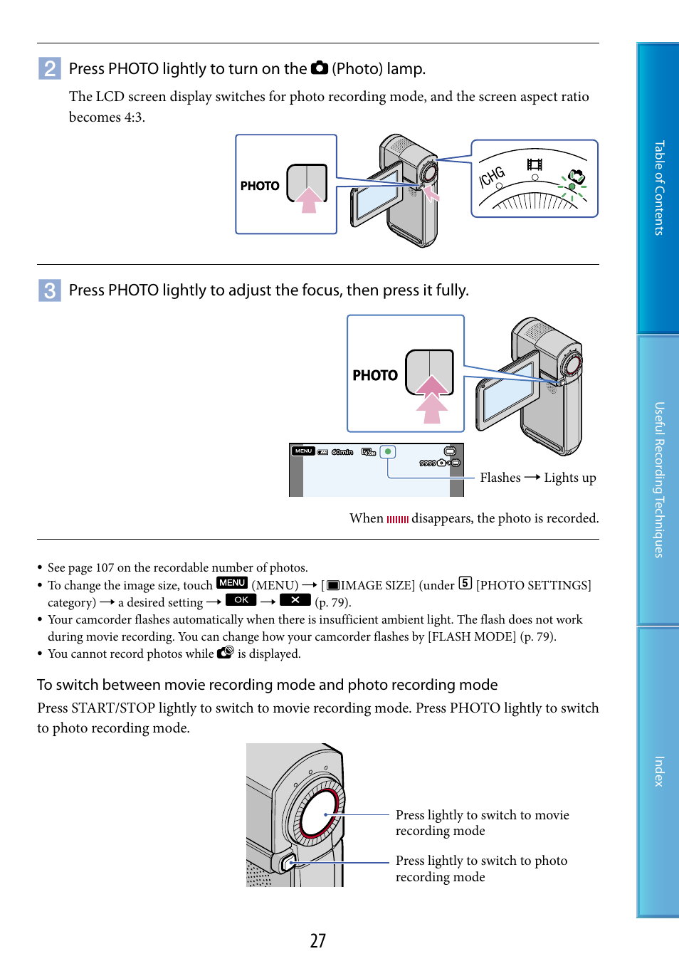 On (27), A (27), Press photo lightly to turn on the (photo) lamp | Sony HDR-TG5 User Manual | Page 27 / 123