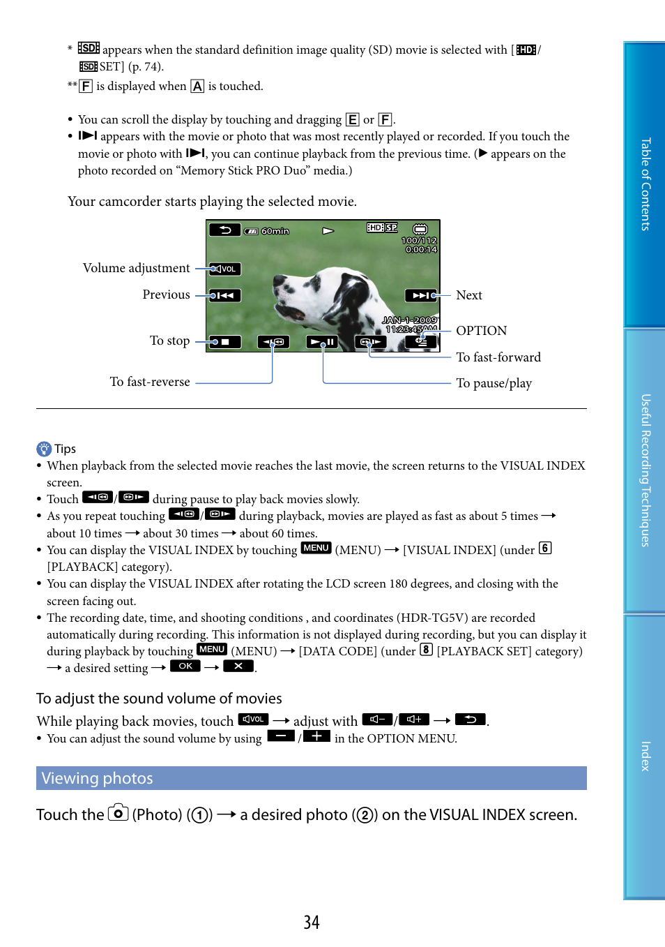 Viewing photos, De (34), D) (34) | Sony HDR-TG5 User Manual | Page 34 / 123