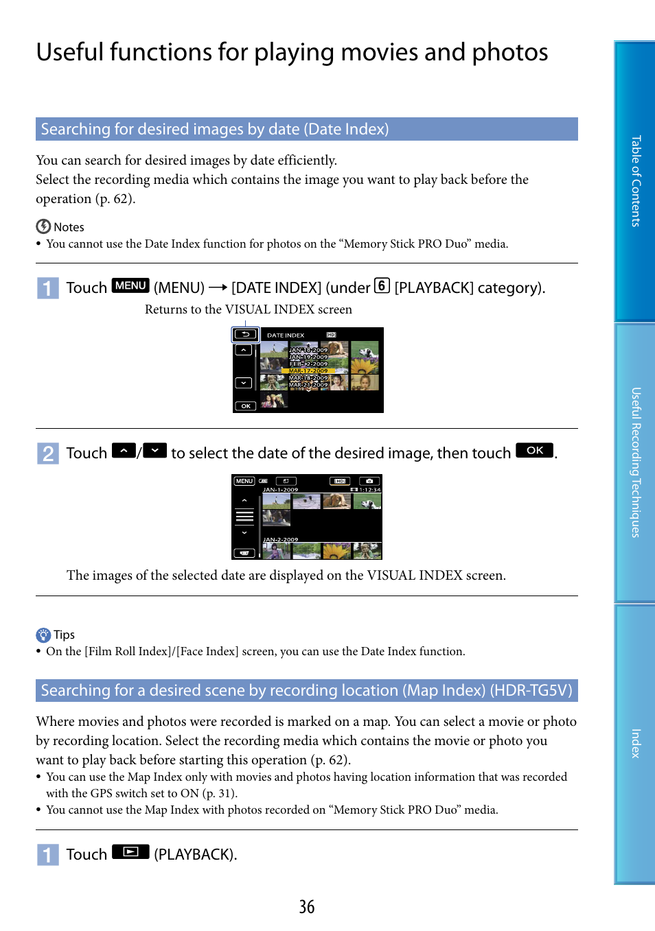 Useful functions for playing movies and photos, Searching for desired images by date (date index), Hdr-tg5v) | Sony HDR-TG5 User Manual | Page 36 / 123