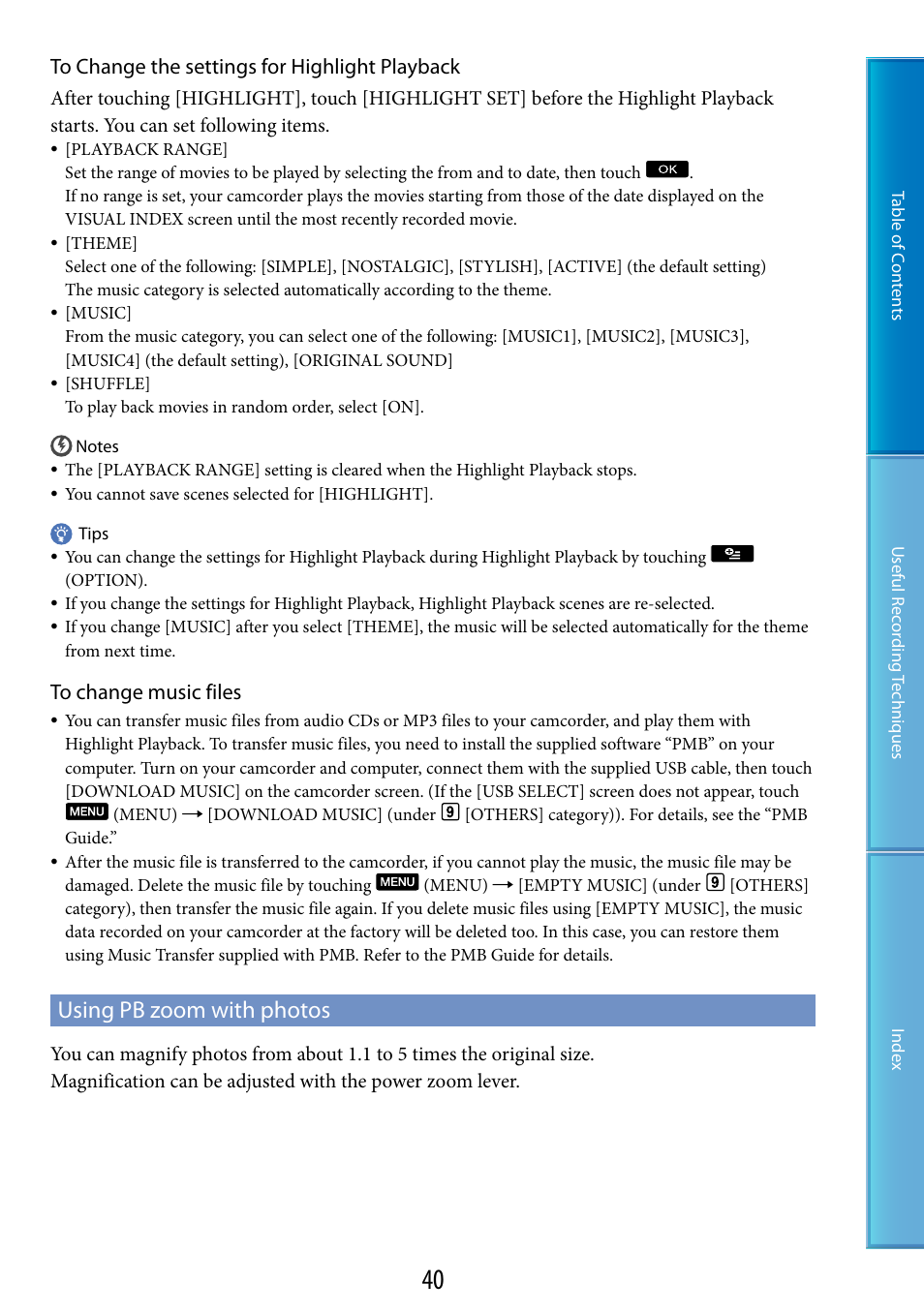 Using pb zoom with photos | Sony HDR-TG5 User Manual | Page 40 / 123