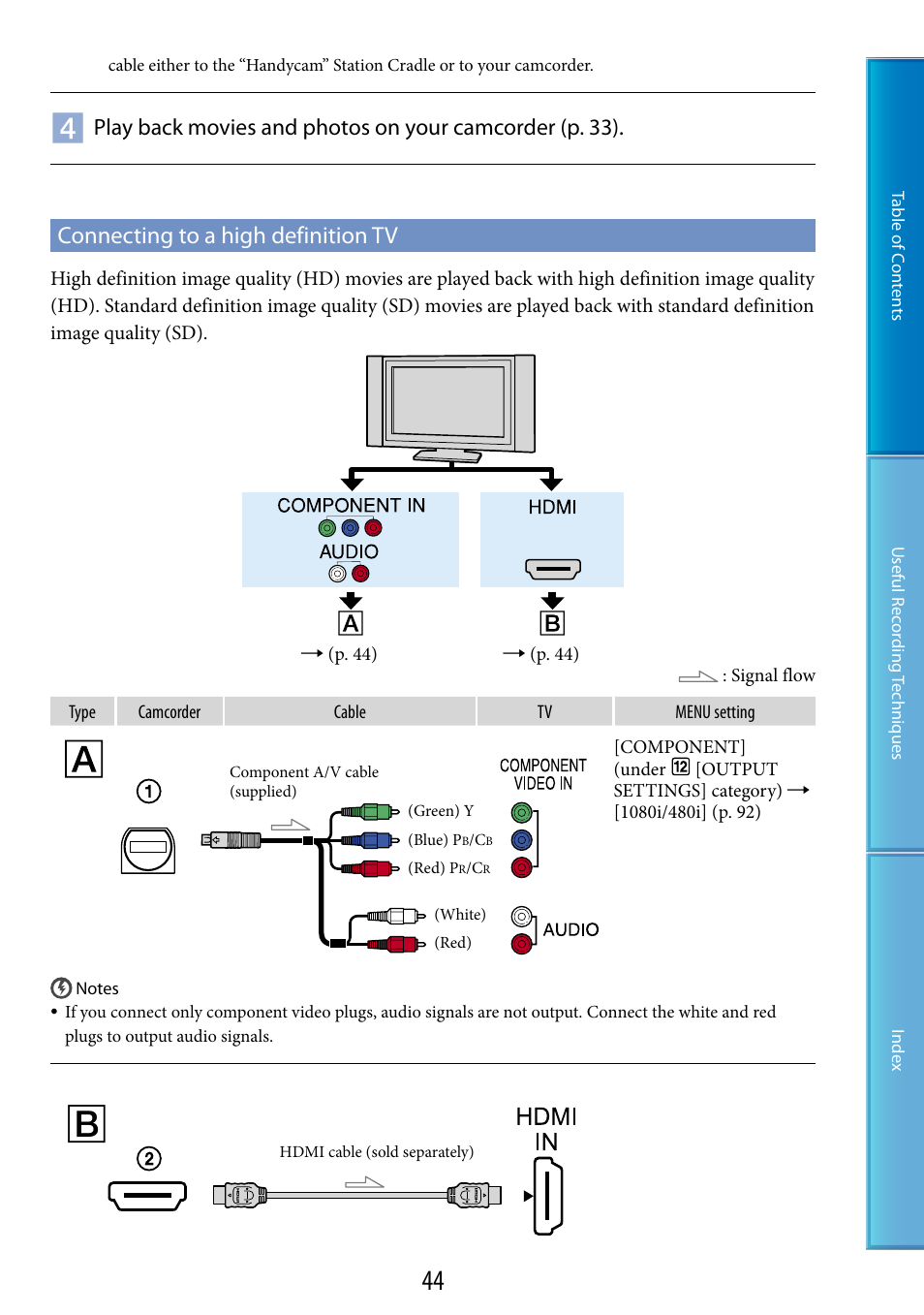 Connecting to a high definition tv, Hdmi out jack (44) | Sony HDR-TG5 User Manual | Page 44 / 123