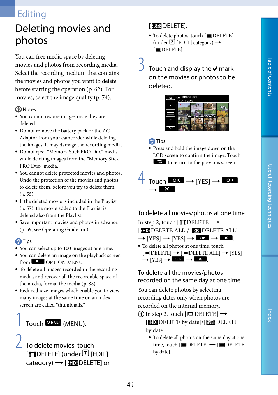 Editing, Deleting movies and photos | Sony HDR-TG5 User Manual | Page 49 / 123