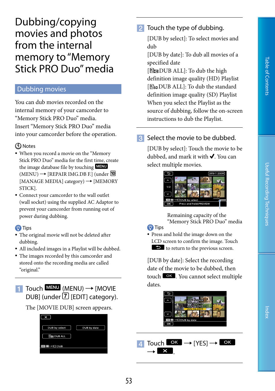 Dubbing movies, Pro duo” media | Sony HDR-TG5 User Manual | Page 53 / 123