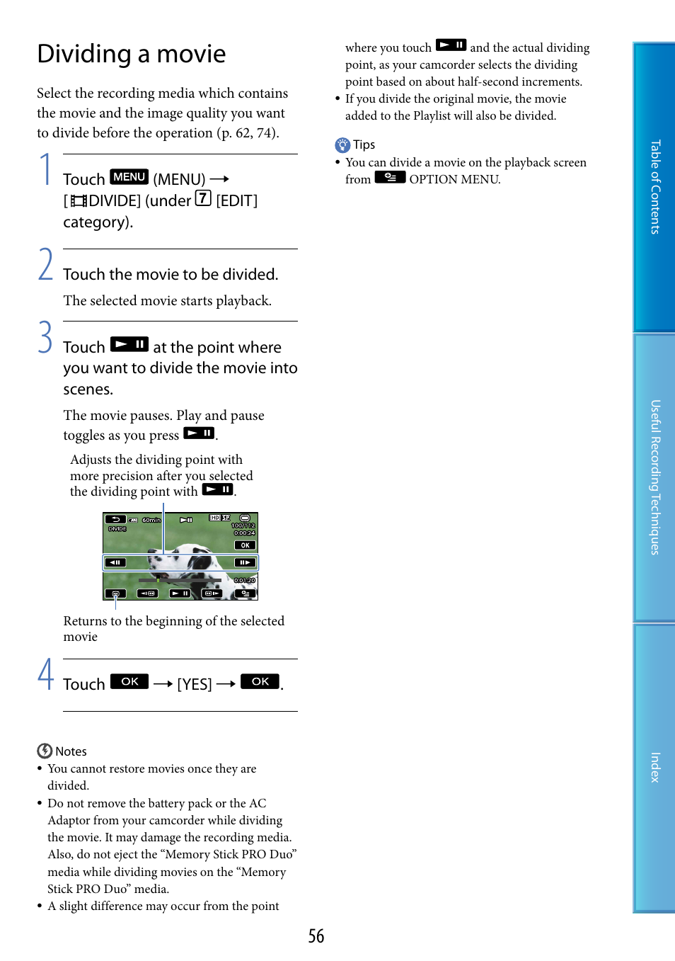 Dividing a movie | Sony HDR-TG5 User Manual | Page 56 / 123