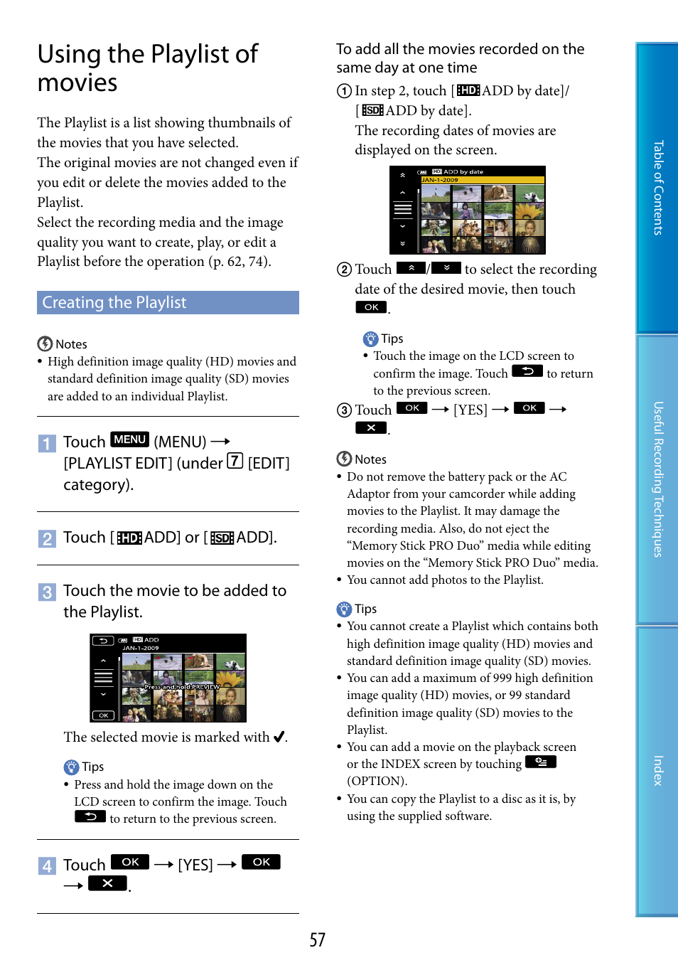 Using the playlist of movies, Creating the playlist, 57), t | Sony HDR-TG5 User Manual | Page 57 / 123
