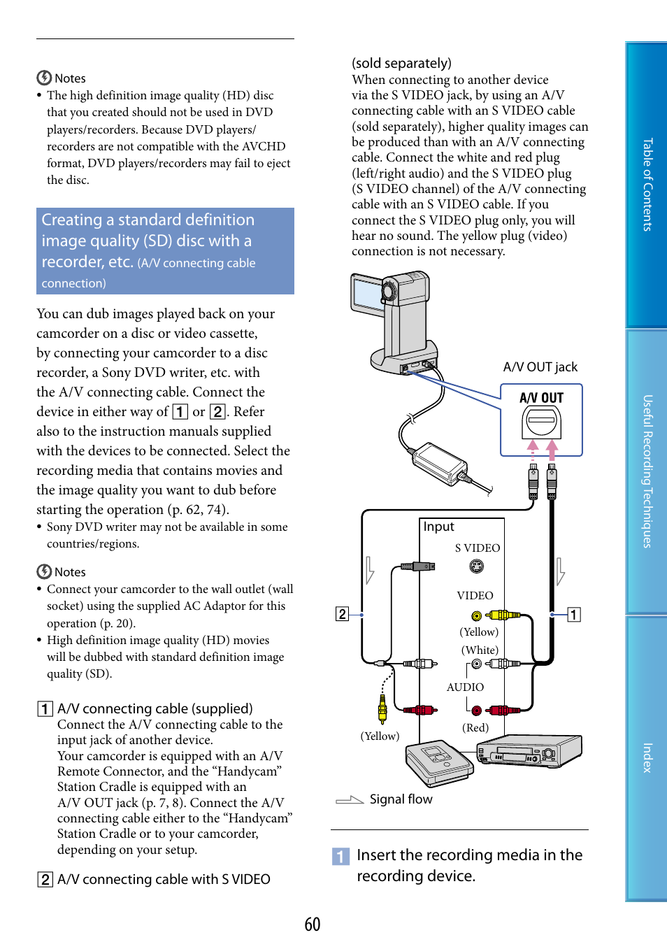 A/v connecting cable connection), Insert the recording media in the recording device | Sony HDR-TG5 User Manual | Page 60 / 123