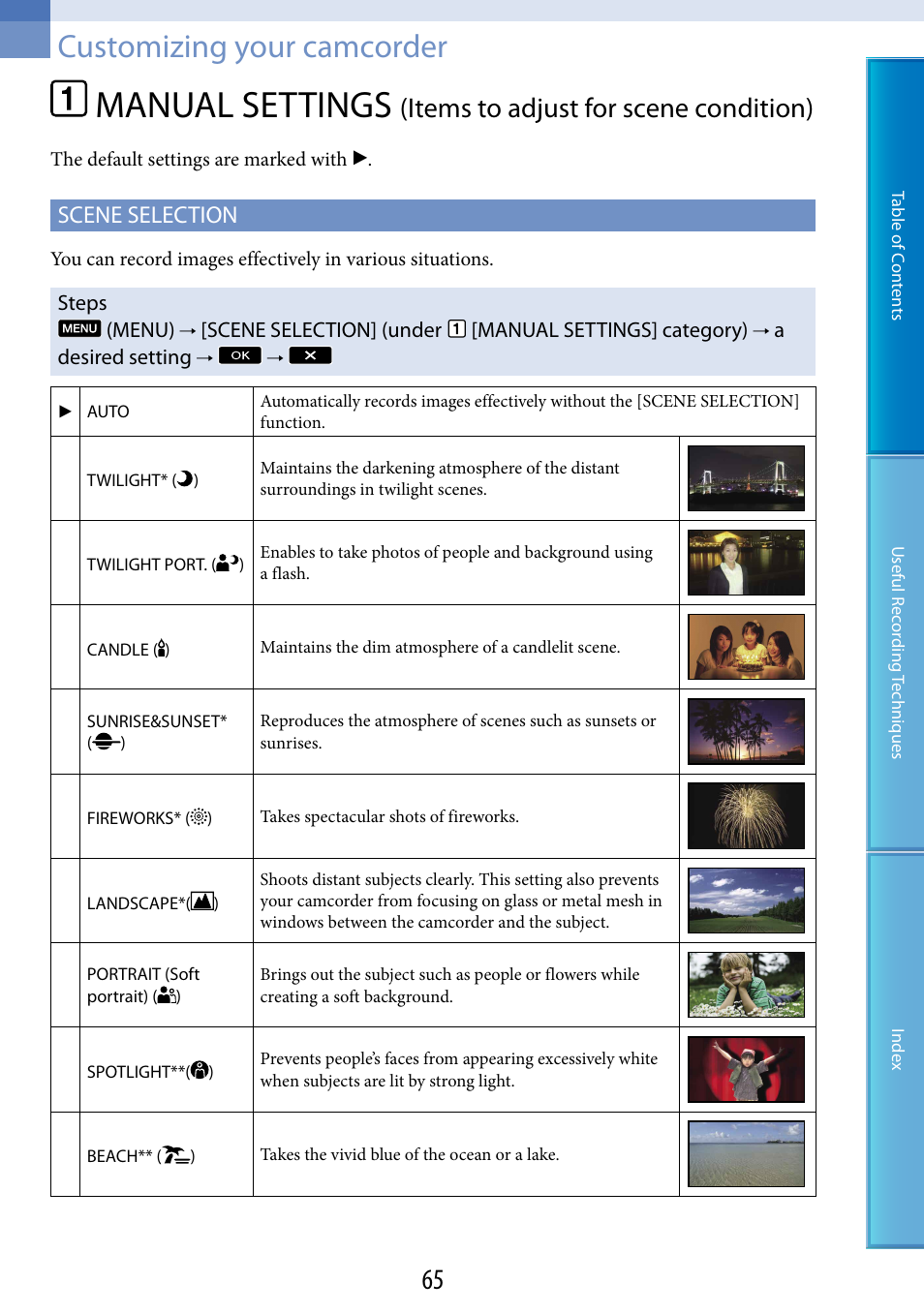Customizing your camcorder, N (65), Manual settings | Items to adjust for scene condition), Scene selection | Sony HDR-TG5 User Manual | Page 65 / 123