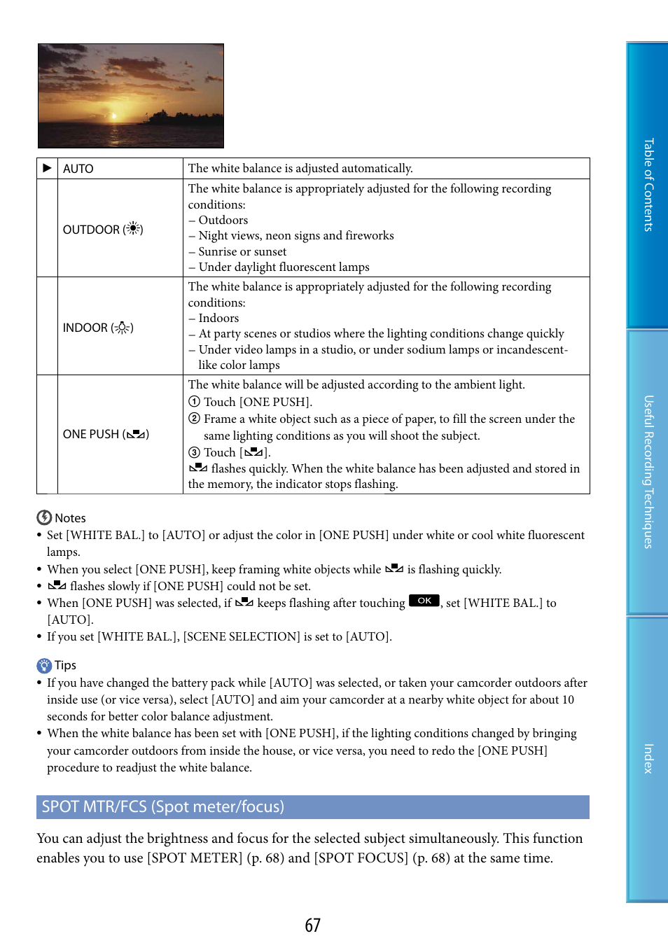 T mtr/fcs (67), Spot mtr/fcs (spot meter/focus) | Sony HDR-TG5 User Manual | Page 67 / 123