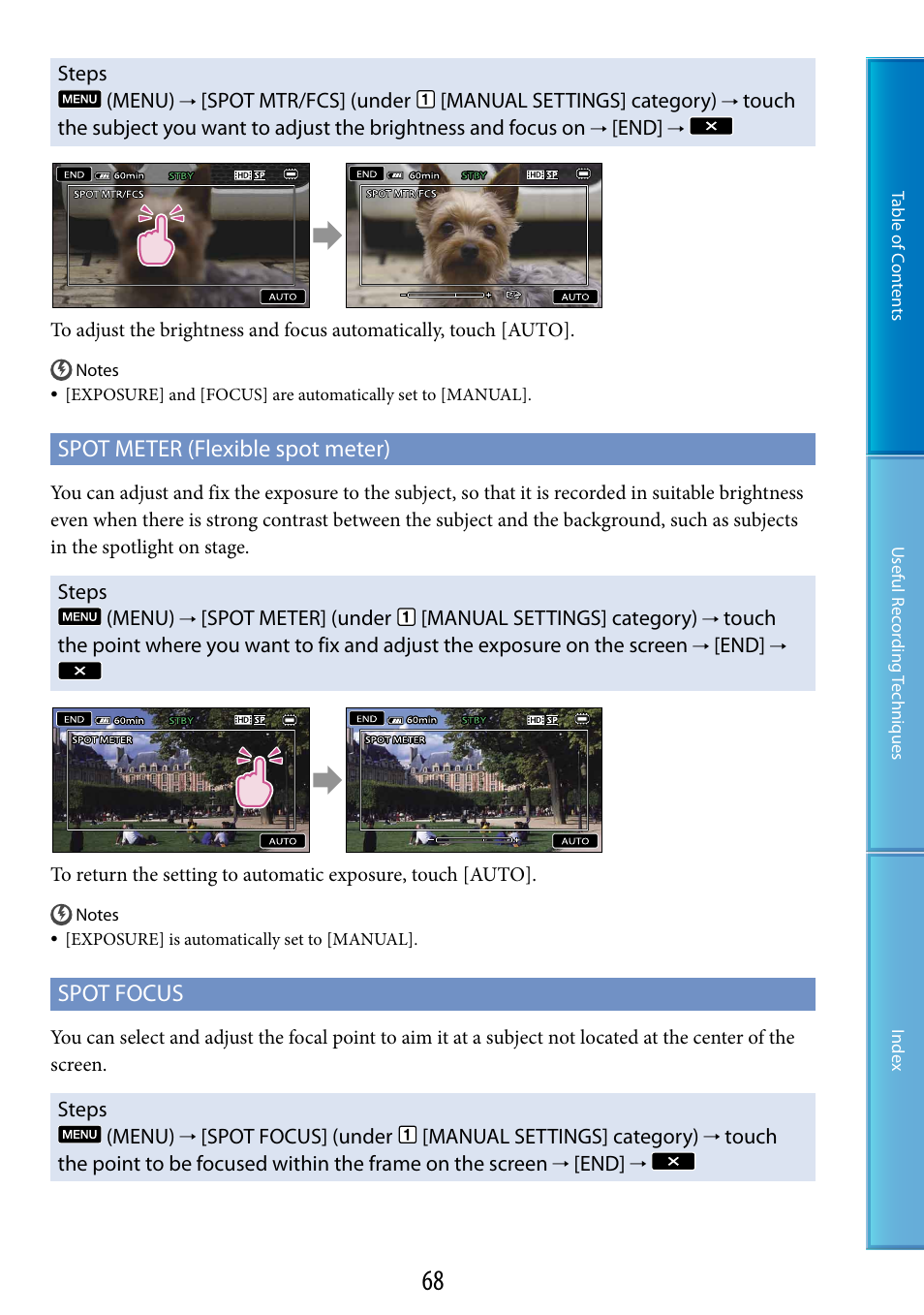 Ter (68), Spot meter (flexible spot meter), Spot focus | Sony HDR-TG5 User Manual | Page 68 / 123