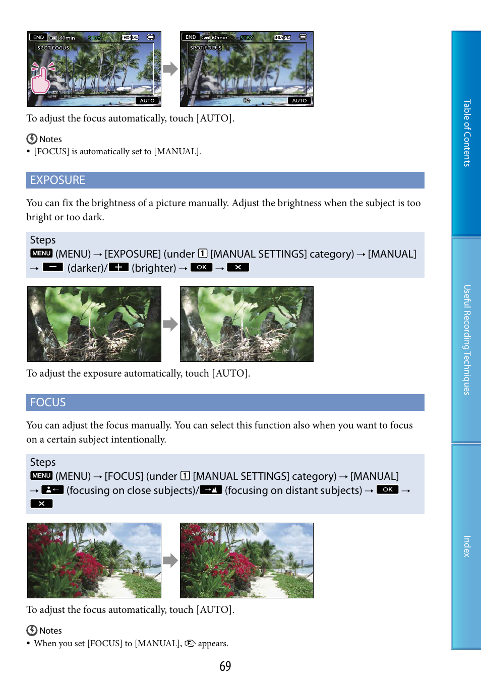 S (69), Ure (69), Exposure | Focus | Sony HDR-TG5 User Manual | Page 69 / 123