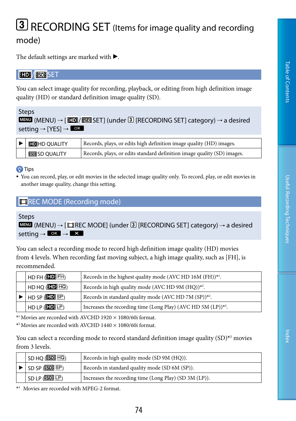 Recording set, Items for image quality and recording mode), Rec mode (recording mode) | Steps (menu), Set] (under [recording set] category), A desired setting, Rec mode] (under [recording set] category) | Sony HDR-TG5 User Manual | Page 74 / 123
