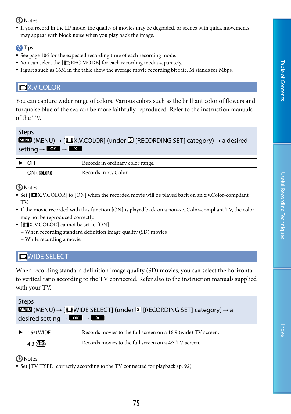 Elect (75), R (75), X.v.color | Wide select, Steps (menu), X.v.color] (under [recording set] category), A desired setting, Wide select] (under [recording set] category), Adesired setting | Sony HDR-TG5 User Manual | Page 75 / 123