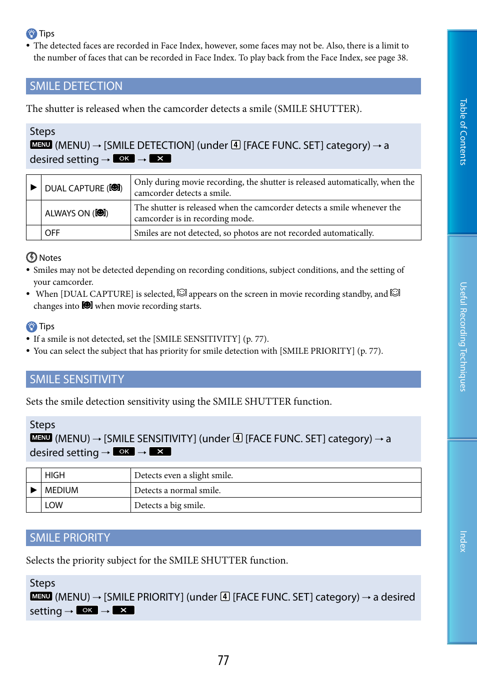 N (77), 77/[fr, Smile detection | Smile sensitivity, Smile priority | Sony HDR-TG5 User Manual | Page 77 / 123