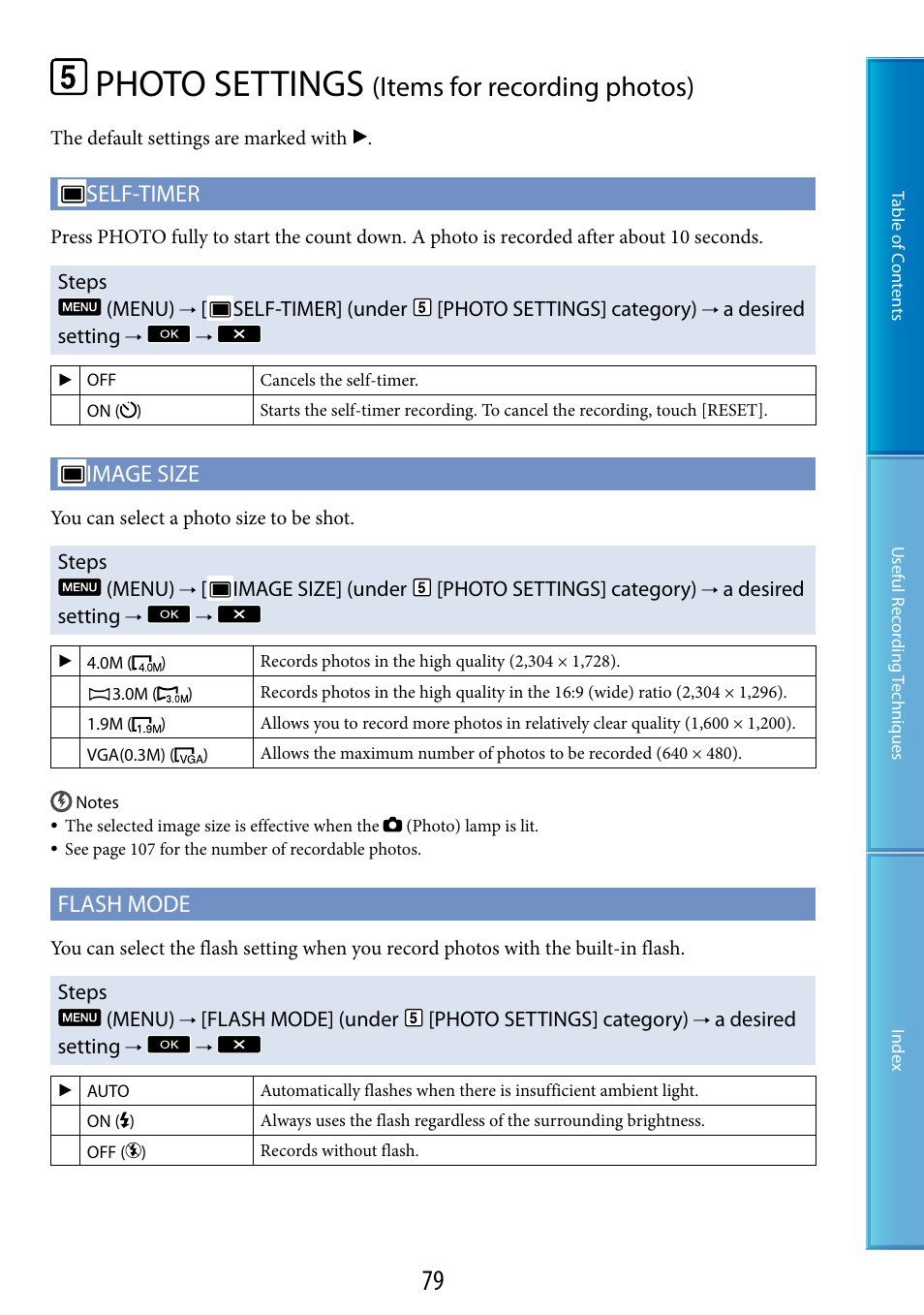 Photo settings (items for recording photos), G (79), H (79) | O size (79), Photo settings, Items for recording photos), Self-timer, Image size, Flash mode | Sony HDR-TG5 User Manual | Page 79 / 123