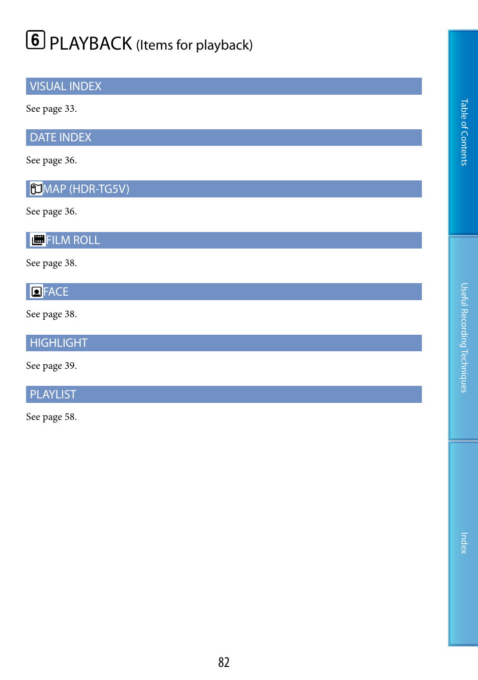 Playback (items for playback), Playback, Items for playback) | Sony HDR-TG5 User Manual | Page 82 / 123