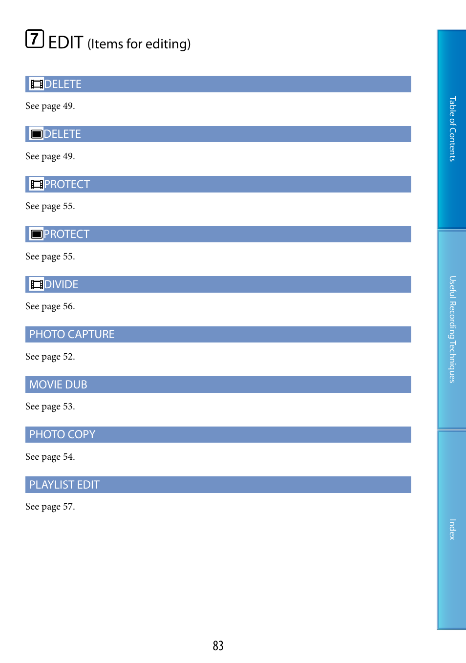 Edit (items for editing), Edit, Items for editing) | Sony HDR-TG5 User Manual | Page 83 / 123