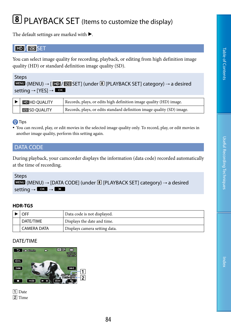 Playback set (items to customize the display), Playback set, Items to customize the display) | Data code | Sony HDR-TG5 User Manual | Page 84 / 123