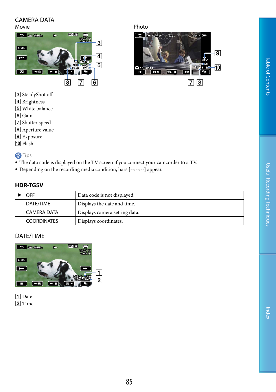 Camera data, Date/time | Sony HDR-TG5 User Manual | Page 85 / 123