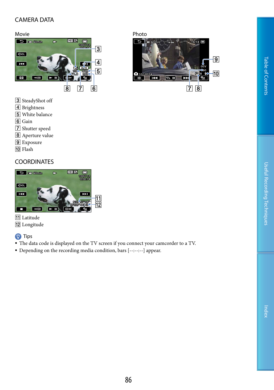 Camera data, Coordinates | Sony HDR-TG5 User Manual | Page 86 / 123
