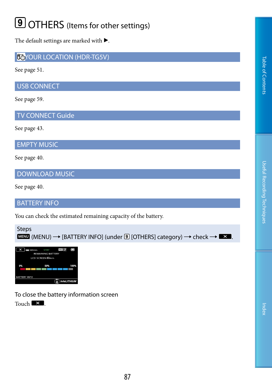 Others (items for other settings), Others, Items for other settings) | Sony HDR-TG5 User Manual | Page 87 / 123