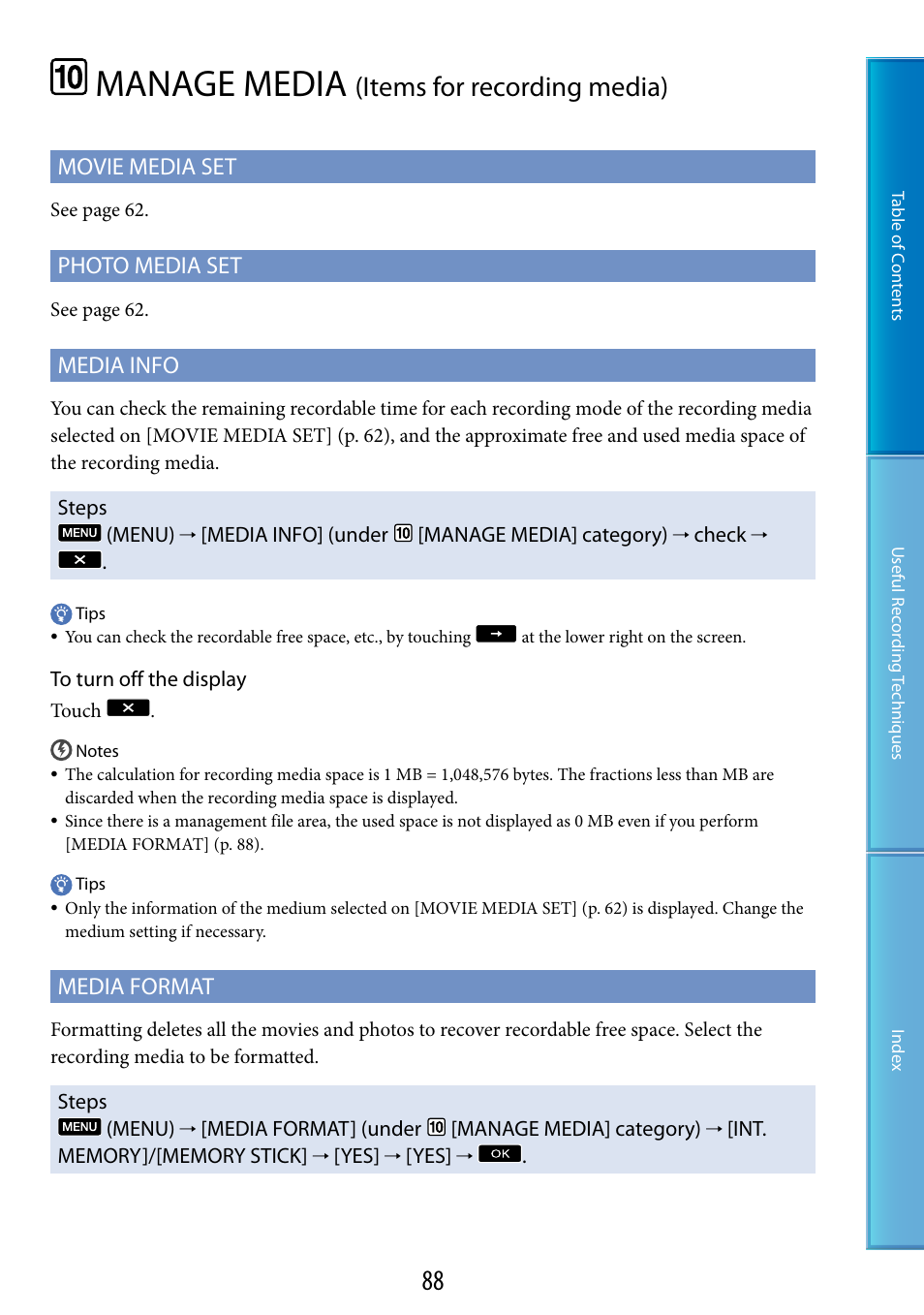 Manage media (items for recording media), 88) o, Manage media | Items for recording media), Movie media set, Photo media set, Media info, Media format | Sony HDR-TG5 User Manual | Page 88 / 123