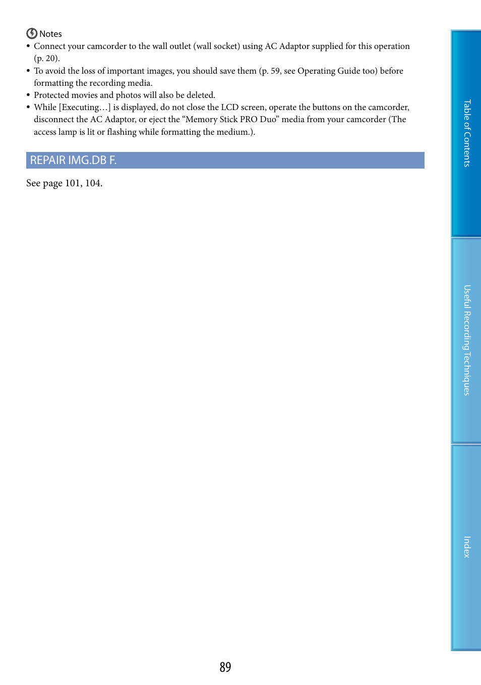 Repair img.db f | Sony HDR-TG5 User Manual | Page 89 / 123