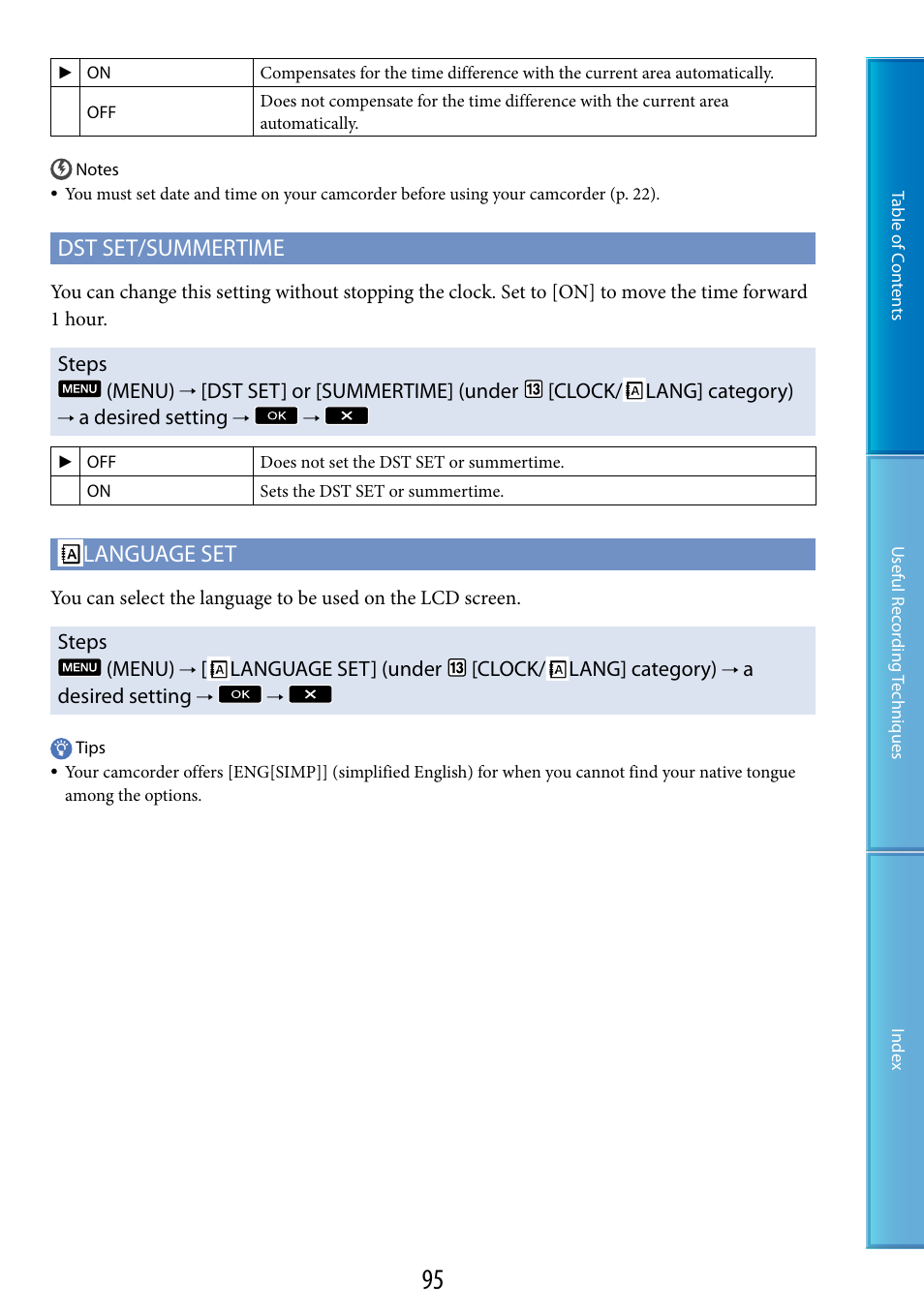 Dst set/summertime, Language set | Sony HDR-TG5 User Manual | Page 95 / 123