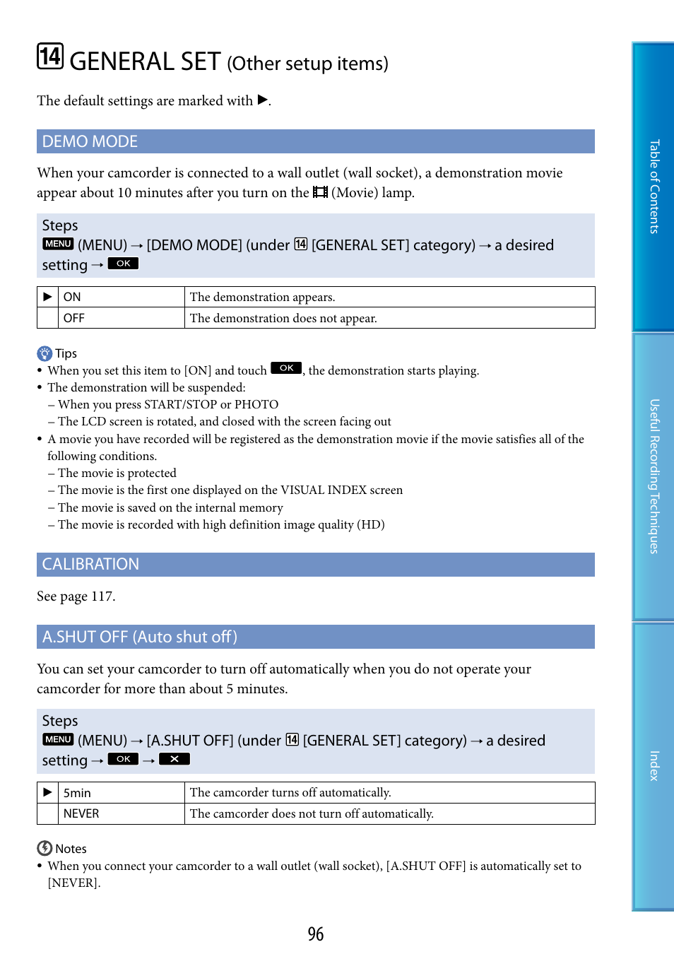 General set (other setup items), General set, Other setup items) | Demo mode, Calibration, A.shut off (auto shut off) | Sony HDR-TG5 User Manual | Page 96 / 123