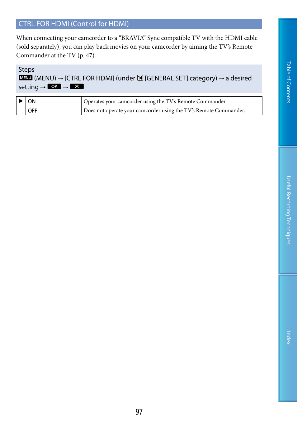 Ctrl for hdmi (control for hdmi) | Sony HDR-TG5 User Manual | Page 97 / 123