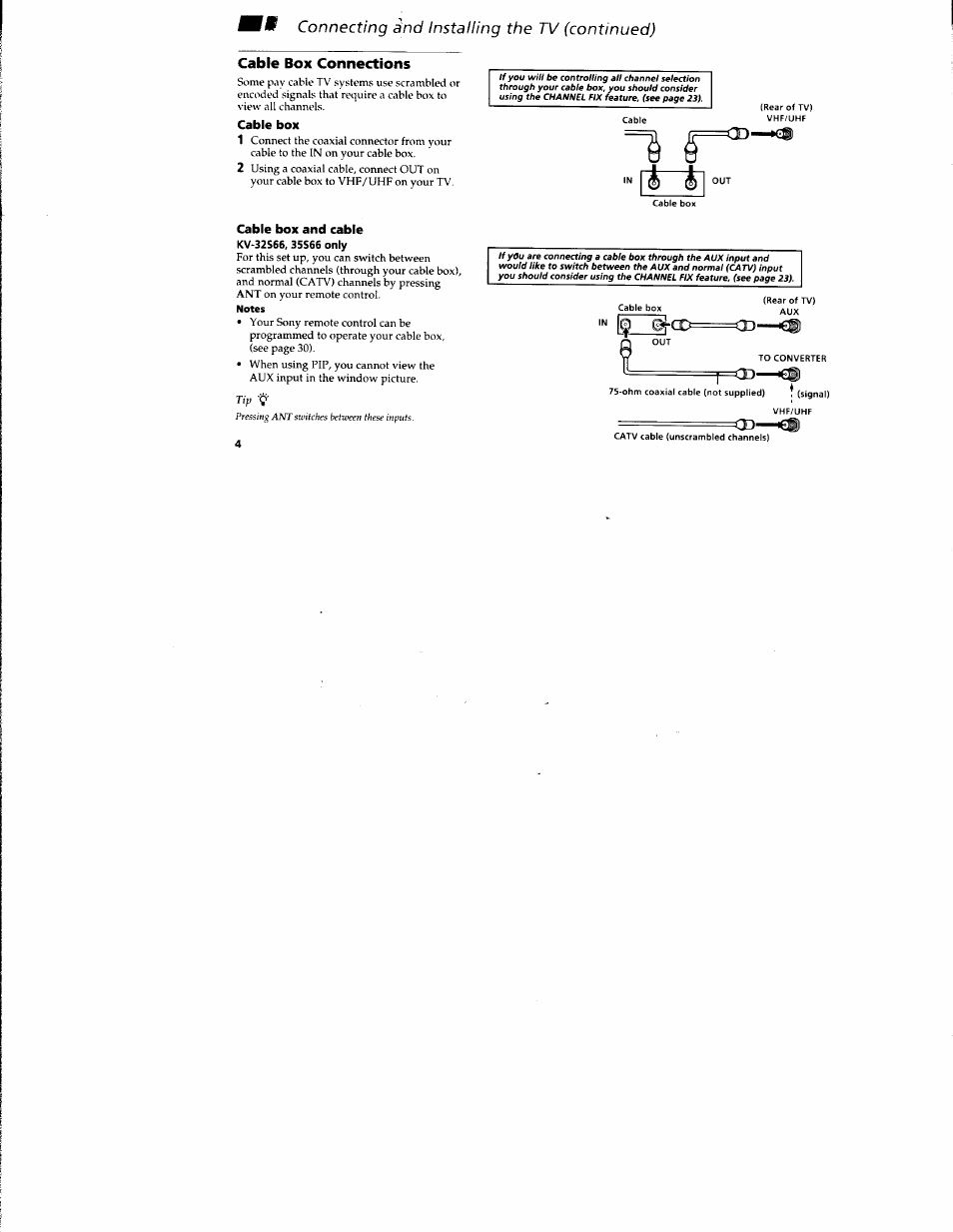 Cable box connections, Cable or antenna connections, W connecting and installing the tv (continued) | Sony KV-32S42 User Manual | Page 10 / 41