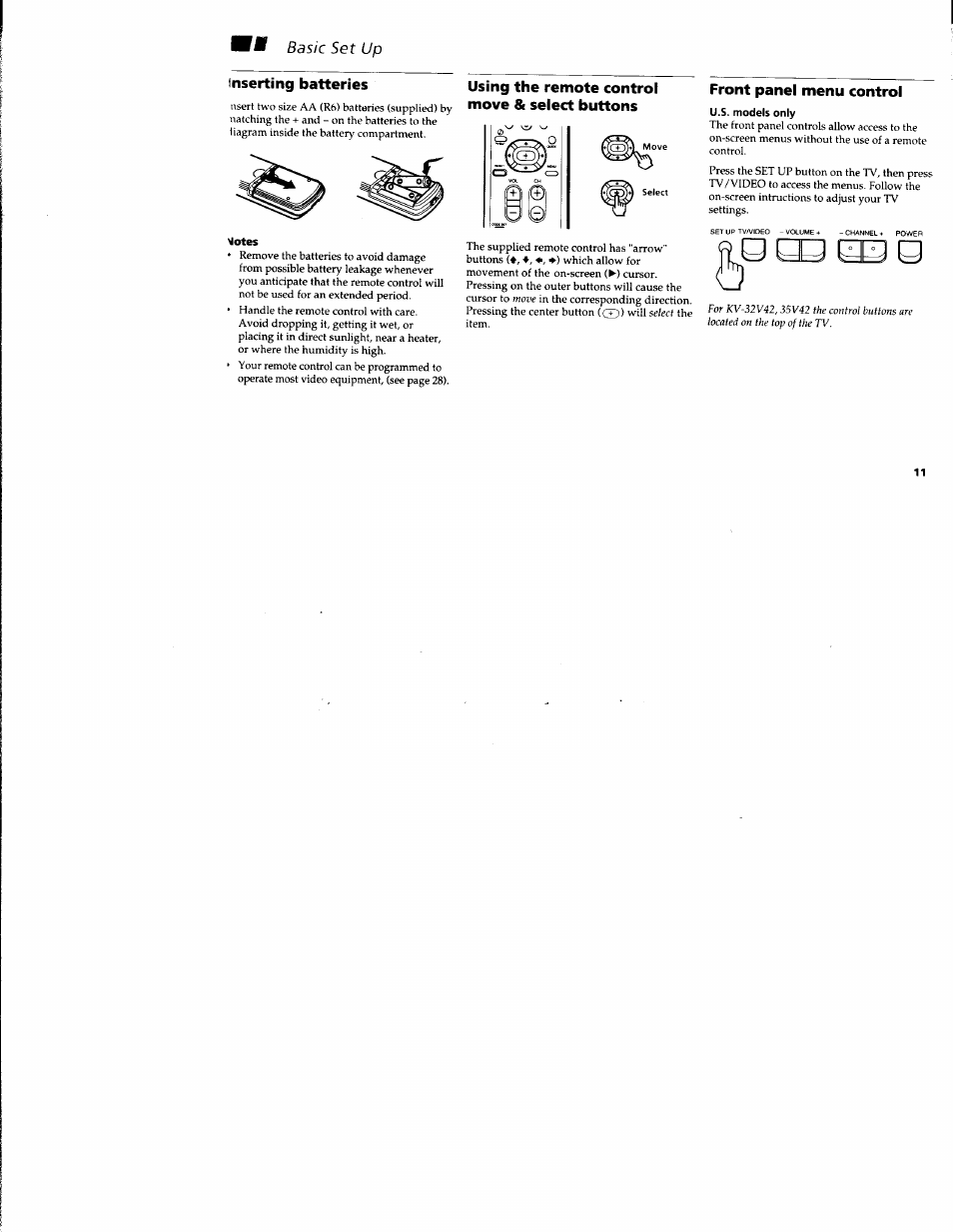 Inserting batteries, Front panel menu control, Using the remote control move & select buttons | Sony KV-32S42 User Manual | Page 17 / 41