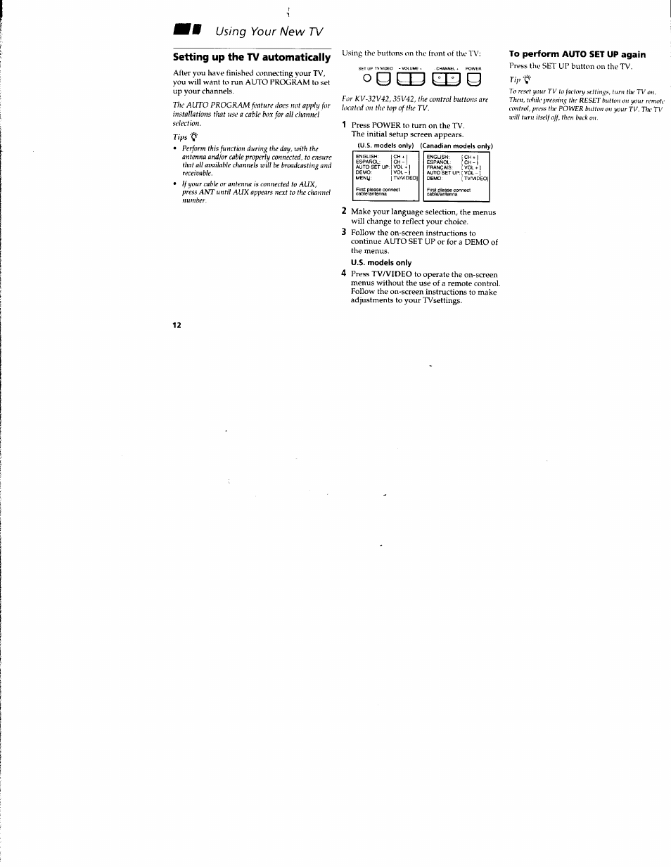 Setting up the tv automatically, Tktl using your new tv, Tir "i | Sony KV-32S42 User Manual | Page 18 / 41