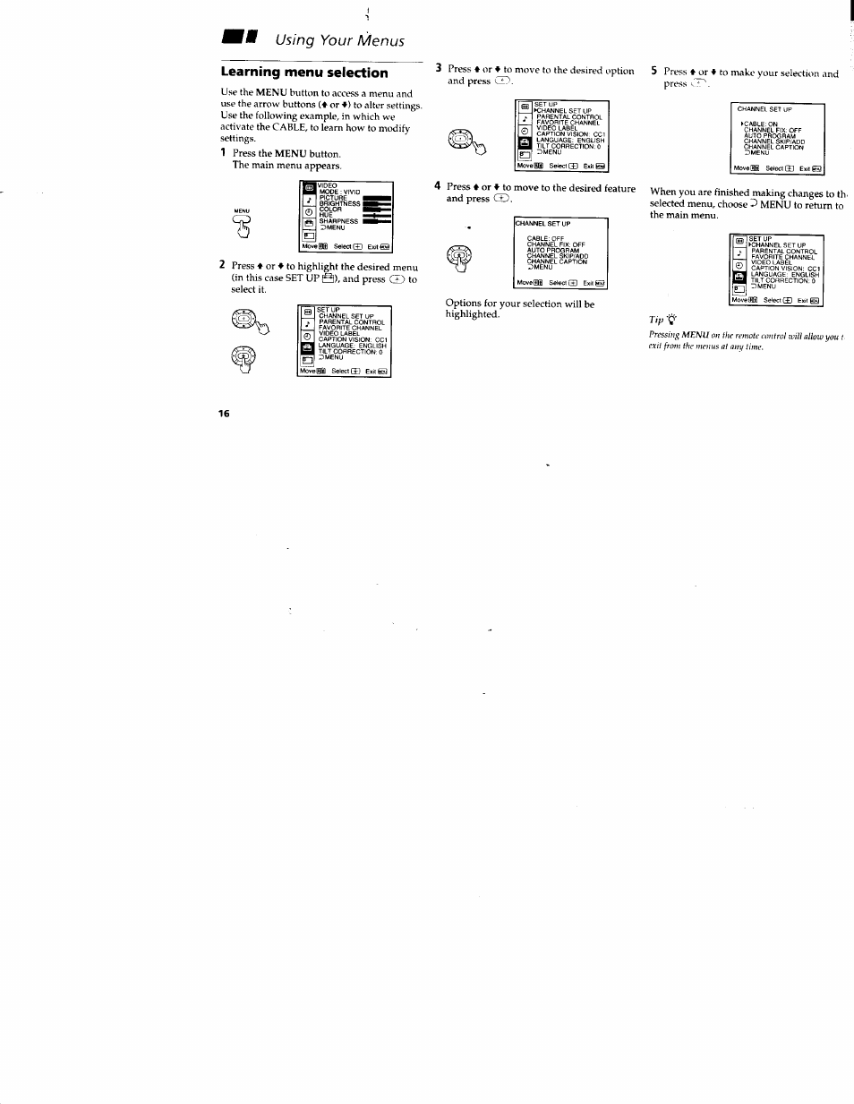 Ikk using your menus learning menu selection, Learning menu selection, Ikk using your menus | Tip -i | Sony KV-32S42 User Manual | Page 22 / 41