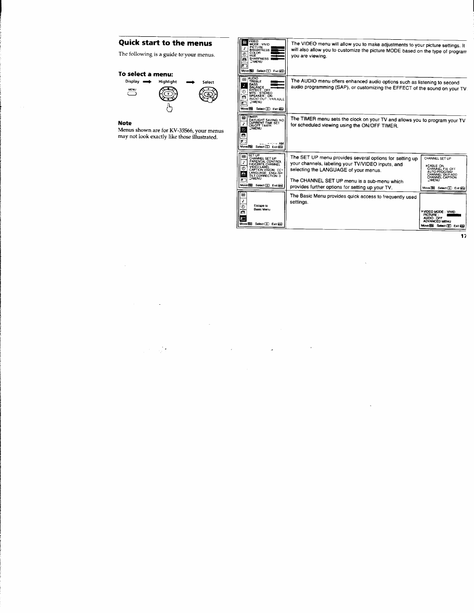 Quick start to the menus, To select a menu | Sony KV-32S42 User Manual | Page 23 / 41