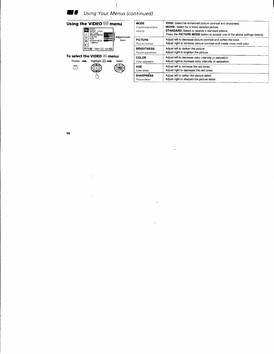 Using the video (hd menu, Using the video c, Menu | Sony KV-32S42 User Manual | Page 24 / 41