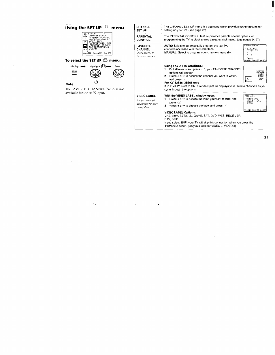 To select the set up @ menu, Using the set up @ menu | Sony KV-32S42 User Manual | Page 27 / 41