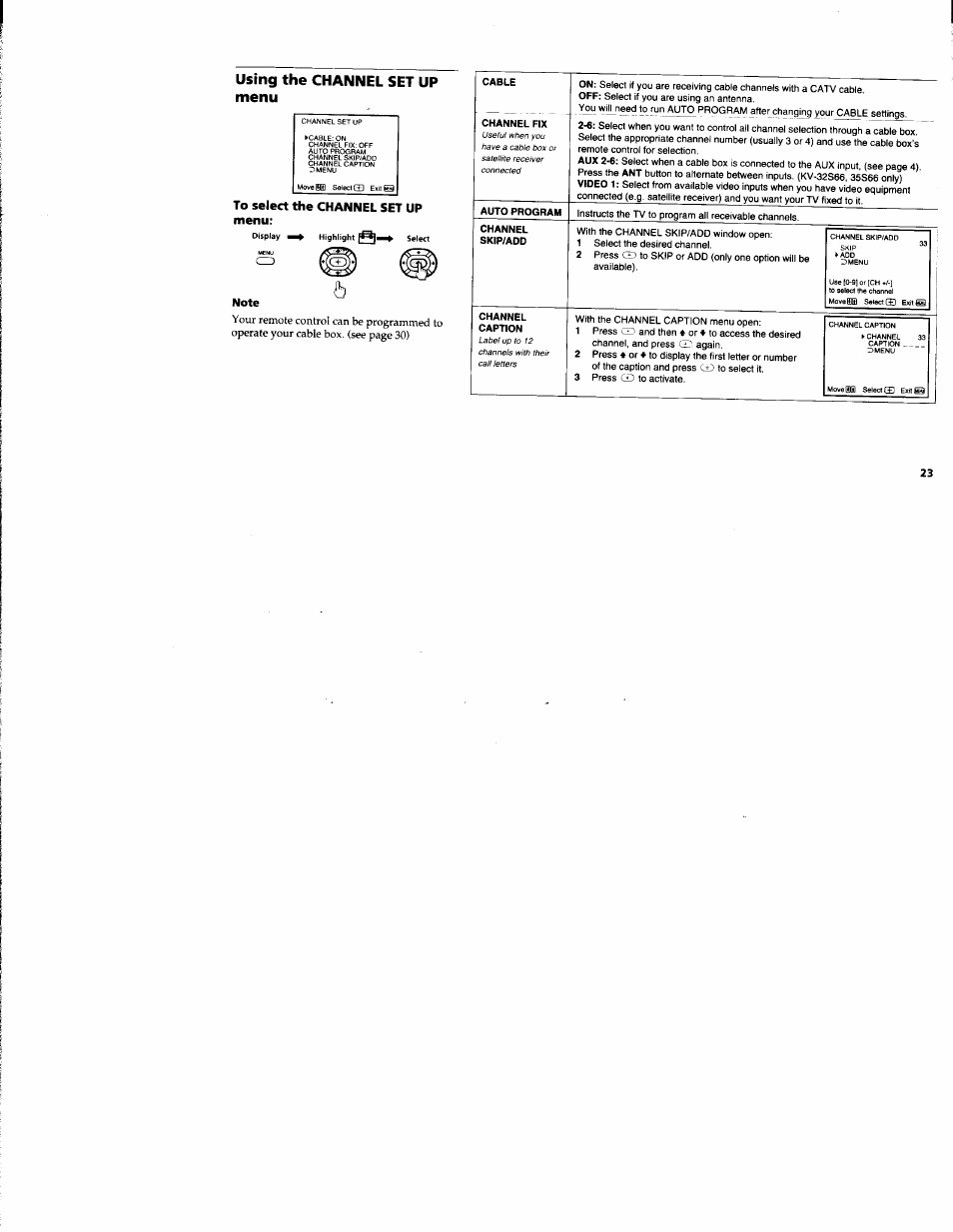 Using the channel set up menu, Using the set up s menu | Sony KV-32S42 User Manual | Page 29 / 41