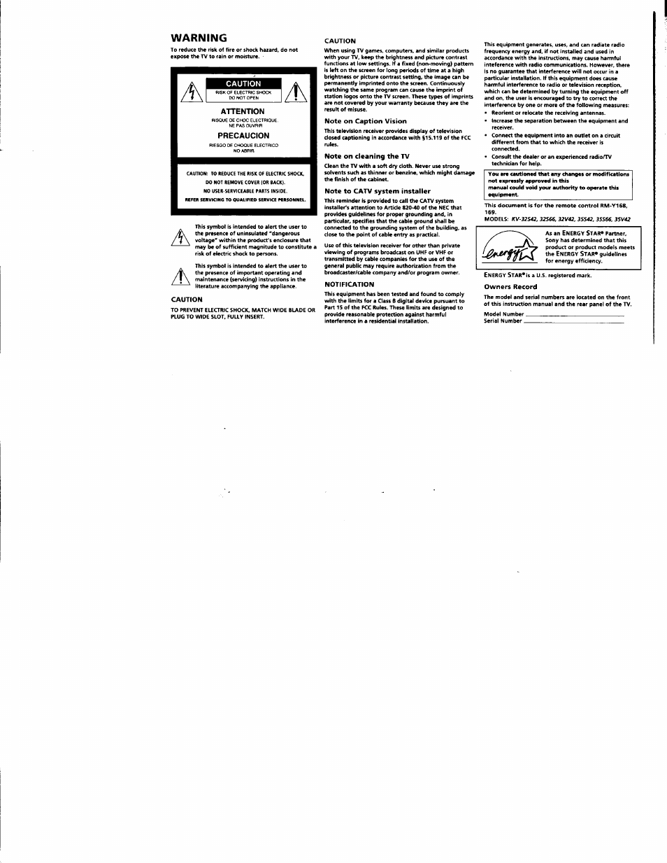 Warning | Sony KV-32S42 User Manual | Page 3 / 41