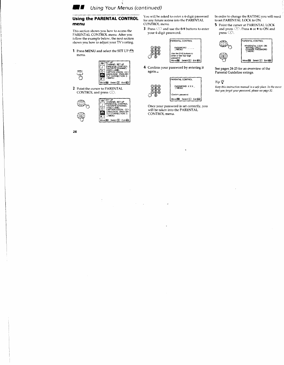 Using the parental control menu | Sony KV-32S42 User Manual | Page 32 / 41