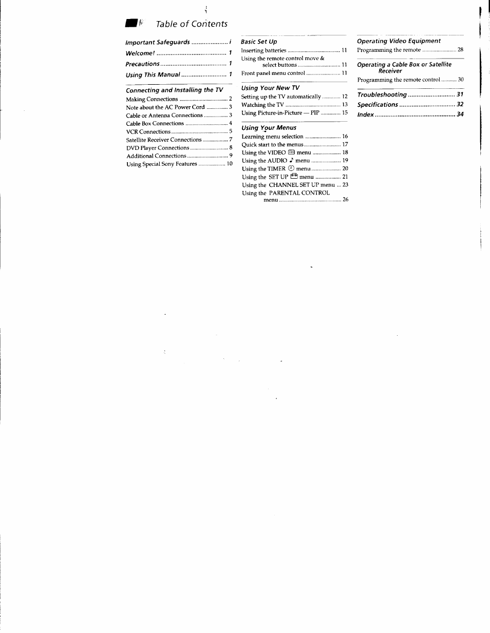 Fi' table of contents | Sony KV-32S42 User Manual | Page 4 / 41