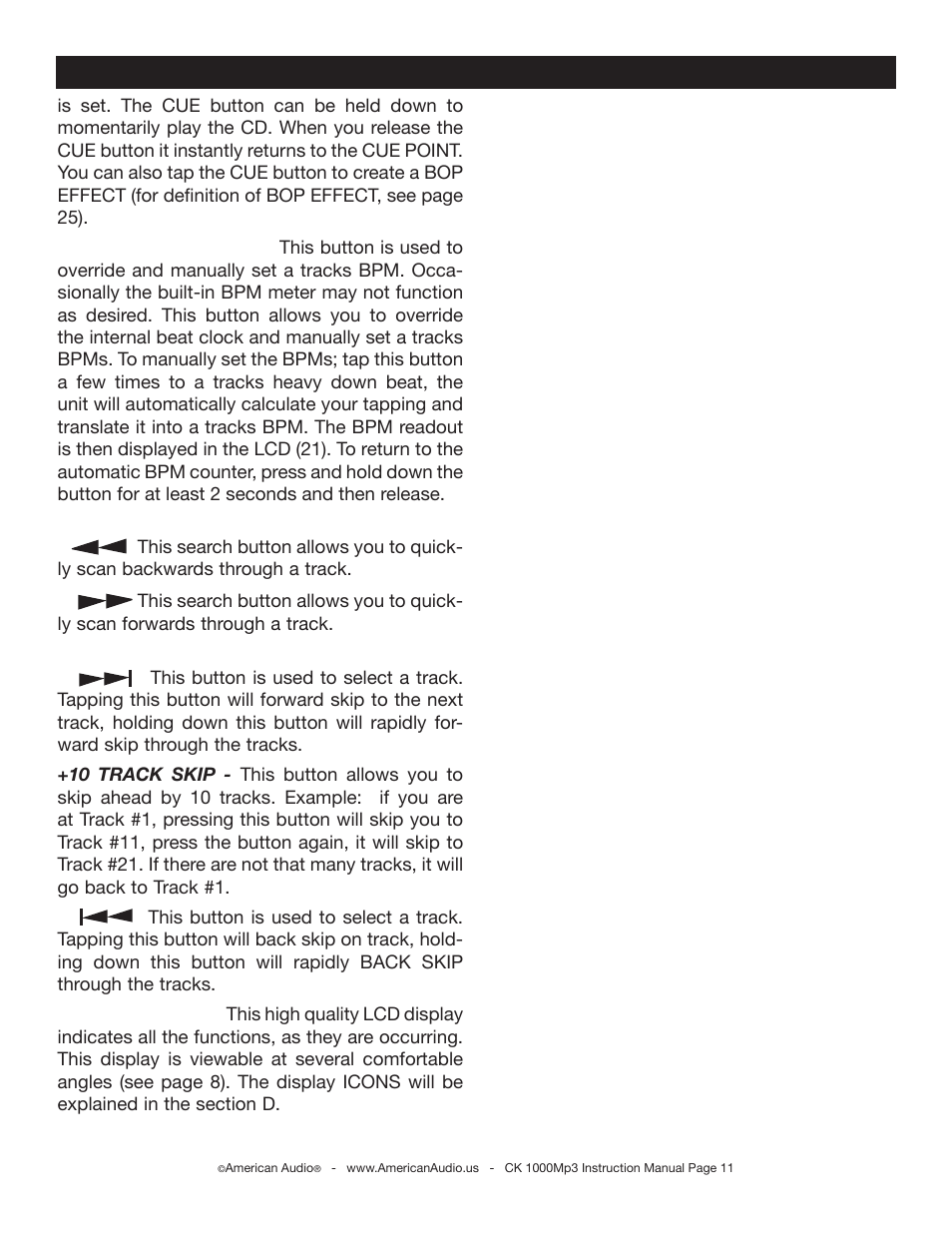 General functions and controls (cont.) cd player | American Audio CK 1000Mp3 User Manual | Page 11 / 34