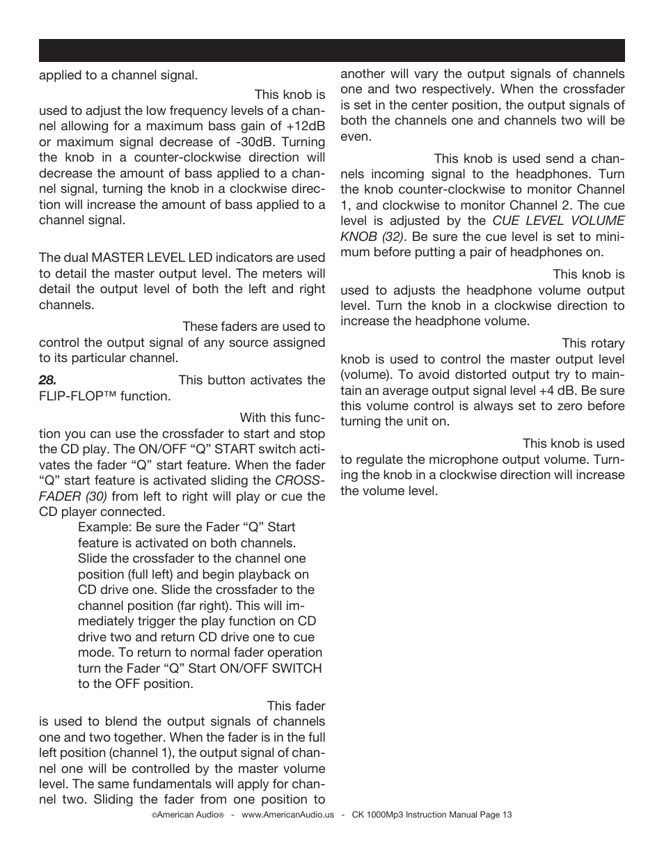 General functions and controls (cont.) mixer | American Audio CK 1000Mp3 User Manual | Page 13 / 34