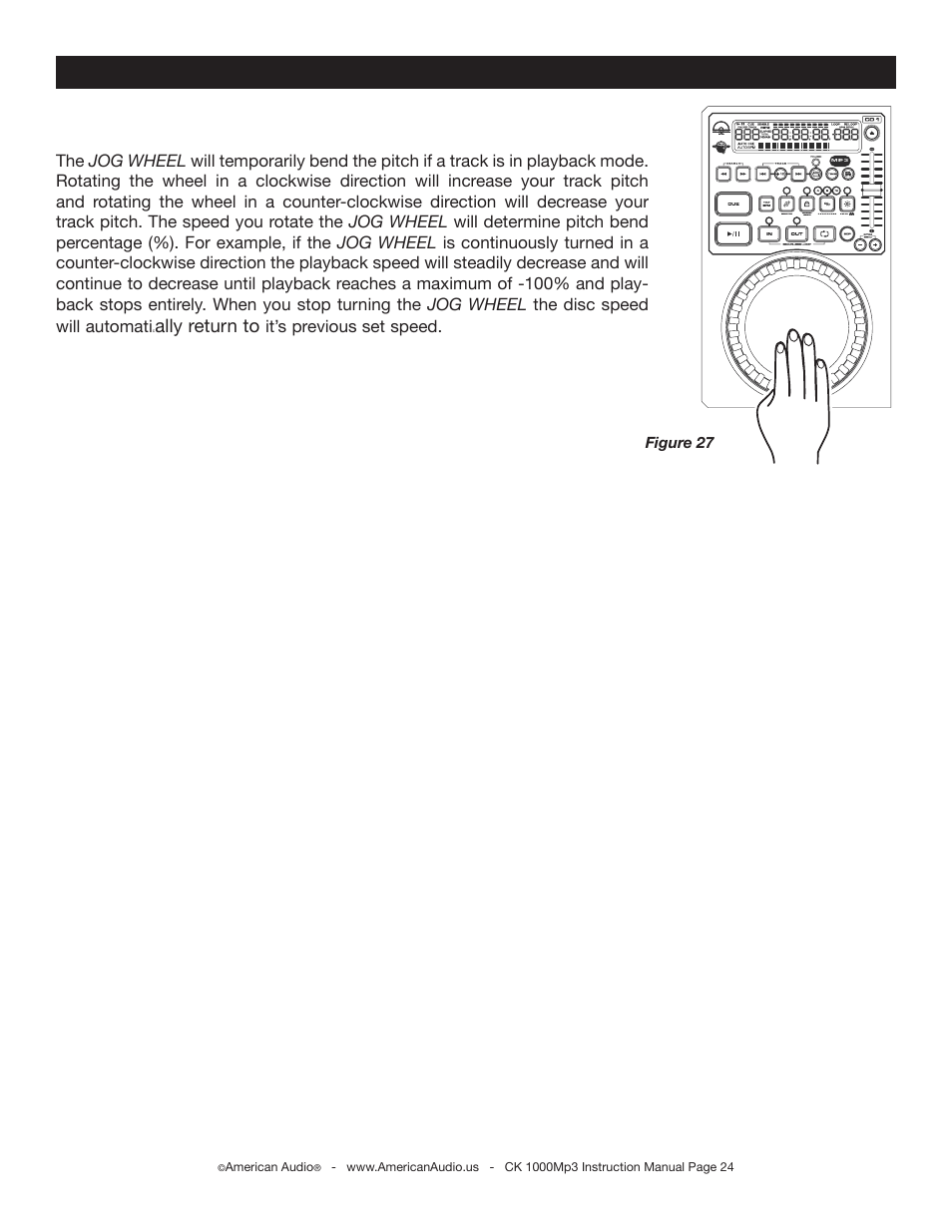 Pitch adjustments, Jog wheel (12), Ally return to | American Audio CK 1000Mp3 User Manual | Page 24 / 34