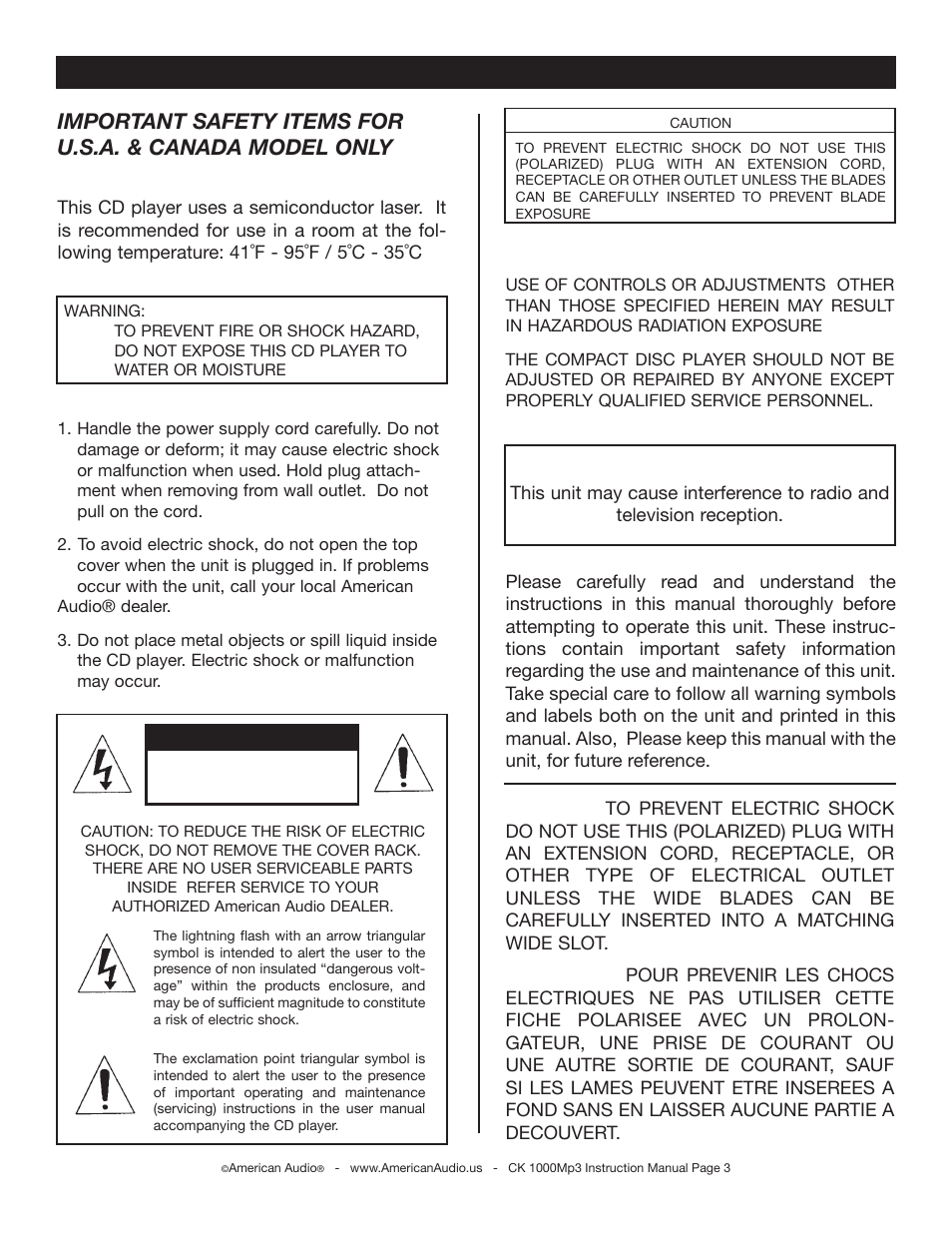 Caution, Important information | American Audio CK 1000Mp3 User Manual | Page 3 / 34